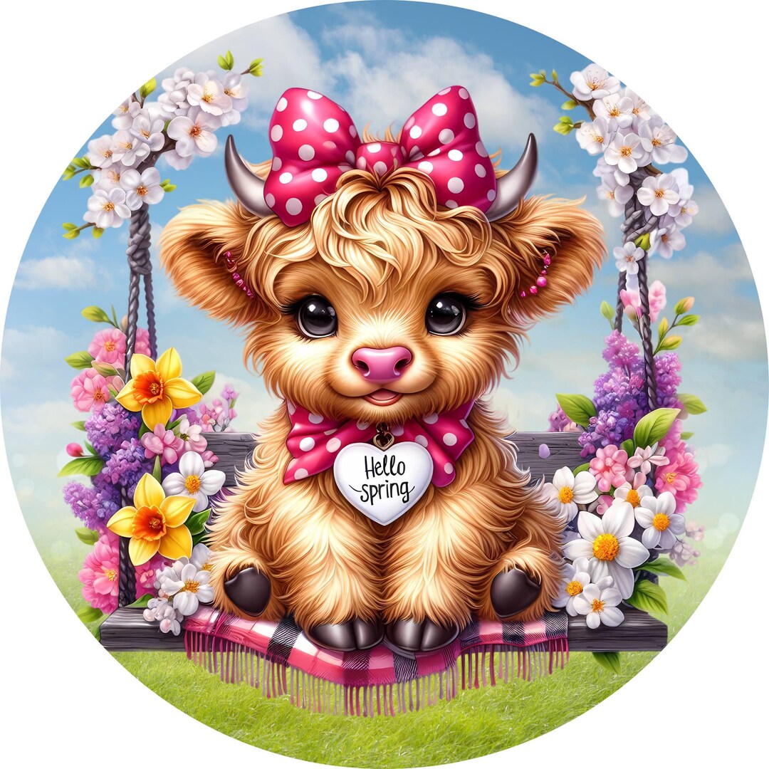 Hello Spring Highland Cow – Cute Floral Metal Wreath Sign - Etsy