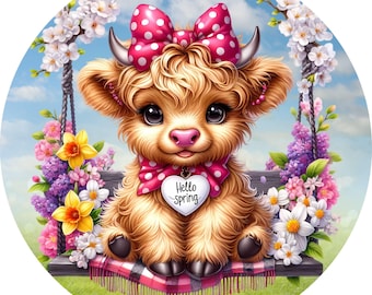 Hello Spring Highland Cow – Cute Floral Metal Wreath Sign