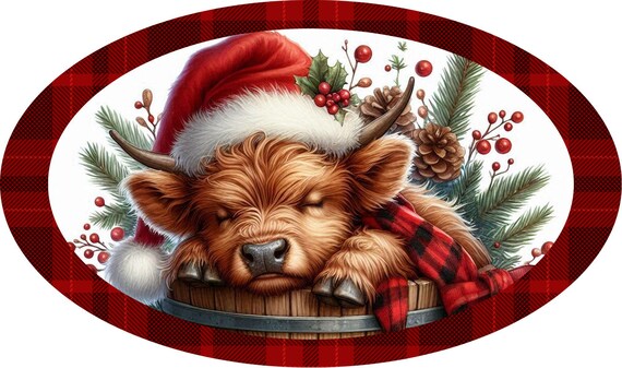 Christmas Highland Cow Sign – Oval Plaid Farmhouse Holiday Wall Décor, Metal wreath sign 12 x 7 Metal oval wreath sign