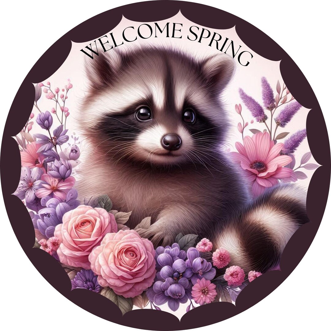 Welcome Spring Raccoon Wreath Sign – Floral Metal Door Decor With Roses ...