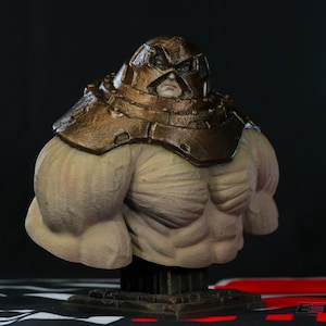 May include: A detailed bust of a character with a metallic brown helmet and armor, and a muscular, pale torso. The figure has a stern expression. The bust is mounted on a dark, textured base, suggesting a collectible or display item.