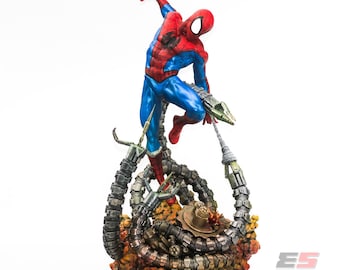 Hand Painted 17-Inch Tall 3D Resin Printed Spiderman and Doc Ock