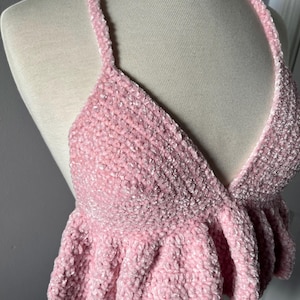 Pink Velvet Crochet Ruffle Top