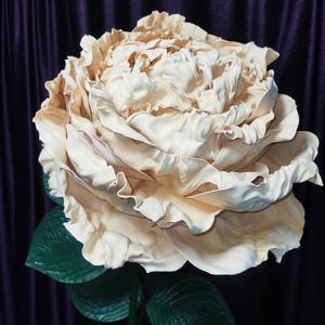 Large Powder Rose On Stem With Leaves. Peach Color Flowers. Giant Light Pink Rose. Wedding Archway Decor. Event Floral Arrangement. XXL Rose