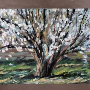 Dipinto originale “Prugna in fiore” – Acrilico su carta – Opera unica firmata – 50x32,5 cm – Arte naturalistica primaverile
