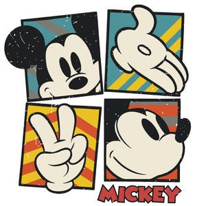 May include: A vintage-style illustration of Mickey Mouse in four different poses. The background is a colorful patchwork of yellow, red, blue, and gray stripes. The text "MICKEY" is printed in red at the bottom of the image.
