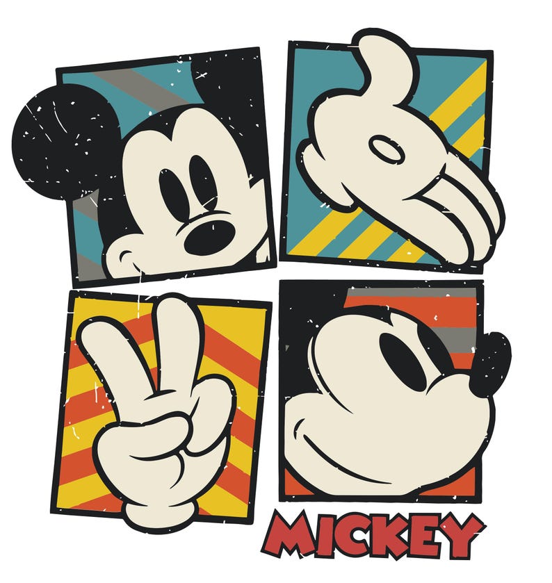 May include: A vintage-style illustration of Mickey Mouse in four different poses. The background is a colorful patchwork of yellow, red, blue, and gray stripes. The text "MICKEY" is printed in red at the bottom of the image.