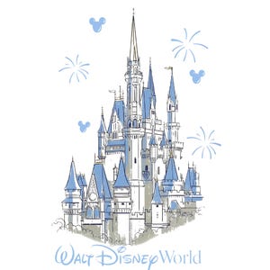 May include: An illustrated depiction of Cinderella Castle at Walt Disney World. The castle is rendered in white, grey, and blue, with fireworks and Mickey Mouse icons. The words "Walt Disney World" are written in a light blue script.