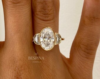 4 TCW Oval Moissanite Anniversary Gift Women Ring, Side Accent Colorless Half Moon Stone Ring, Bezel Set Three Stone 14K Gold Ring For Her