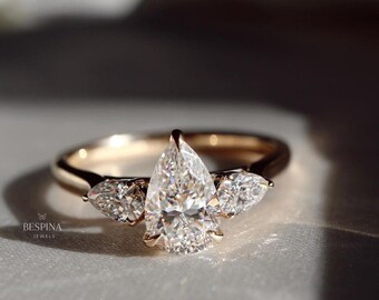 3.00 TCW Pear Cut Moissanite Diamond Ring 14K Solid Gold Three Stone Engagement Ring Claw Prong Set Wedding Band For Women, Gift For Her