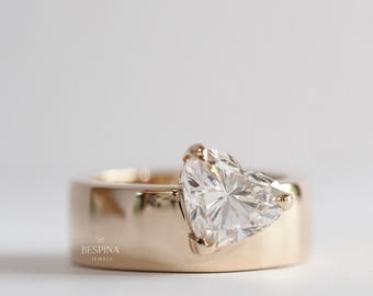 1.50 Carat Heart Cut Moissanite Diamond Ring/ Yellow Gold Thick Band Solitaire Moissanite Band/ Wedding Band For Bridal/ Gift For Women