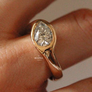 1.50 Carat Solitaire Pear Cut Diamond Moissanite Ring/ Pear Old Mine Cut Bezel Set Diamond Ring/ East West Moissanite Ring/ Promise Ring