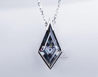 2.00 Carat Kite Cut Gray Moissanite Diamond Necklace, Half Bezel Set Solitaire Necklace, Solid White Gold Dainty Necklace For Gifting Women