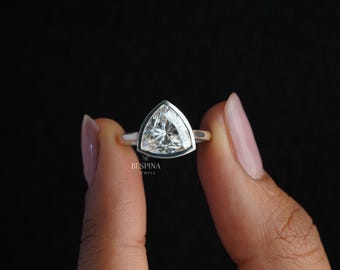 3.00 CT Trillion Shape Moissanite Ring/ Solitaire Diamond Ring/ Bezel Set Moissanite Ring/ 14K White Gold Ring/ Valentine Gift Ring For Her