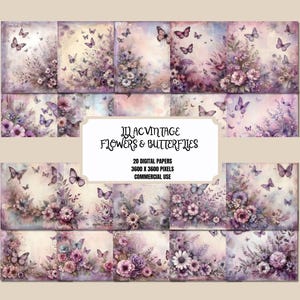 Lilac Vintage Digital Paper Flowers & Butterflies, scrapbooking background, junk journal paper, instant digital download commercial use