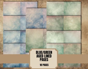 Páginas imprimibles de diario basura con líneas de color verde azulado, papel envejecido vintage, descarga instantánea, PDF, papel de fondo efímero, álbum de recortes