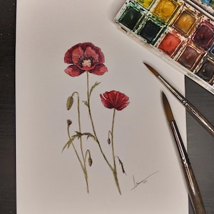 Coquelicots, aquarelle originale, illustration florale surréaliste, peinture fantastique, histoire, nature et magie, illustration botanique, visage fleuri