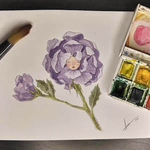 Gardenia, aquarelle originale, botanique surréaliste, rose violette fantastique, illustration pour enfants, dessin à la main, décor floral surréaliste