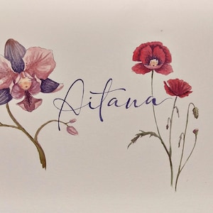 Nome personalizzato ad acquerello, fiori fantasia, decorazione per bambini, regalo personalizzato, illustrazione botanica a mano, disegno tradizionale