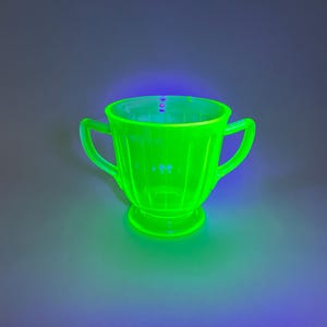 Vintage Uranium Green Glass Ribbed Creamer and Sugar Tumbler Dish
