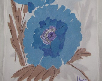 Vintage Vera Neumann Rectangular Synthetic Scarf - White with Big Blue Flowers, Floral Design