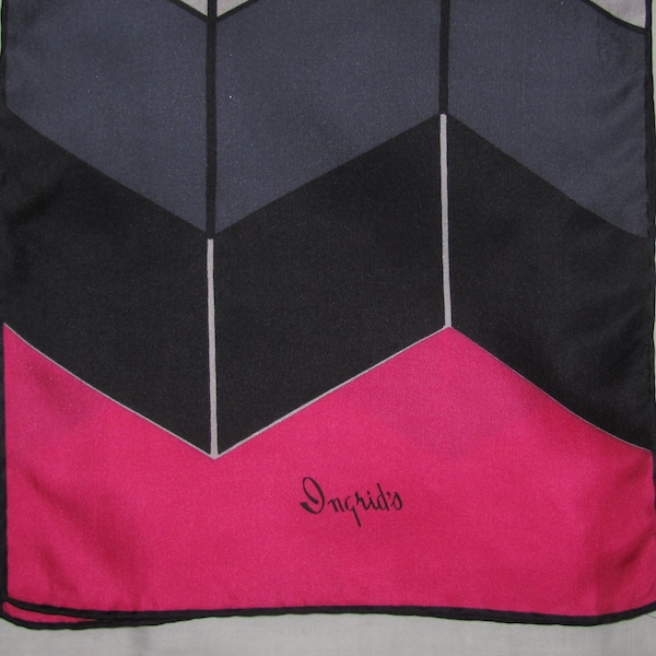 Vintage Signed Ingrid's Rectangular Silk Scarf - Geometric Design in Hot Pink, Grey, Black - Hand Rolled Hem