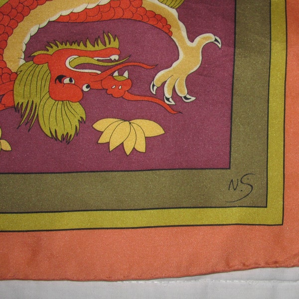 Vintage Buddha Bar Souvenir Square Silk Scarf, Signed N.S. - Dragons, Buddha in Orange, Green, Purple - Large Scarf