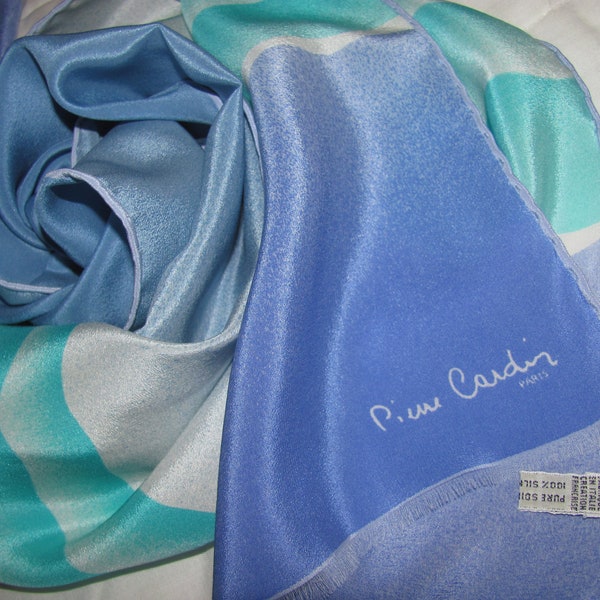 Vintage Pierre Cardin Paris Rectangular Silk Scarf - Soft Blue Stripes, Abstract Wavy Look - Fringed Hem