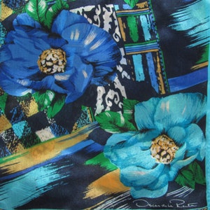 Vintage Oscar de la Renta Studio Rectangular Silk Scarf - Floral Design, Flowers, Stripes in Bright Blue, Yellow Colourway