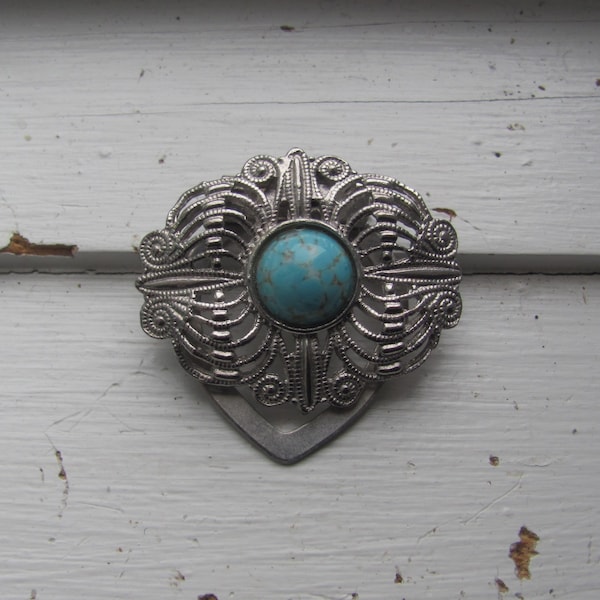 Vintage Silver Tone Scarf Ring - Silver Filigree Design with Turquoise Central Stone -  Scarf Clip/Costume Jewelry