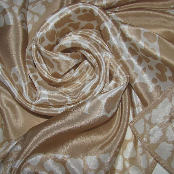 Vintage Bill Blass For Careta Square Silk Scarf - Soft Brown/Beige and White Animal Print - Lightweight Silk