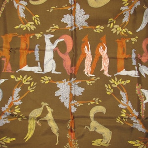 Vintage Hermes Square Silk Scarf Carre - Alphabet III - Animals, Letters - Annie Faivre - Brown Colourway