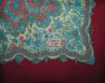 Vintage Liberty London Square Silk Scarf - Bright Red Border, Blue Floral Pattern, Pink Centre - Flowers