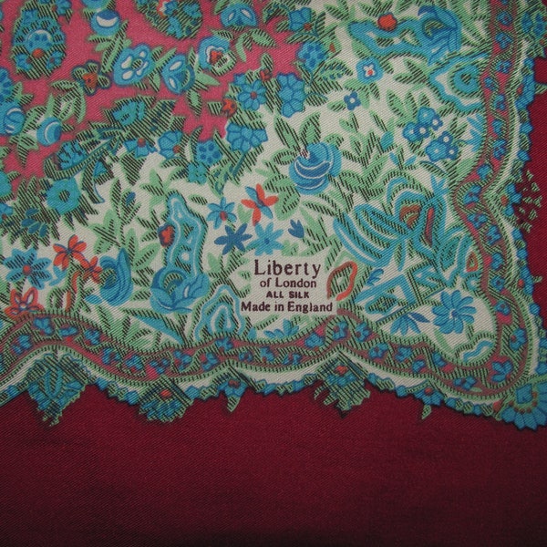 Vintage Liberty London Square Silk Scarf - Bright Red Border, Blue Floral Pattern, Pink Centre - Flowers