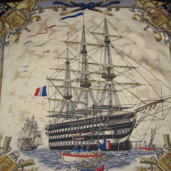 Vintage Square Silk Scarf - Ecole Navale, Vaisseau Borda - Sailing Ships, Boats, Naval Scene - Reverse Hand Rolled Hems