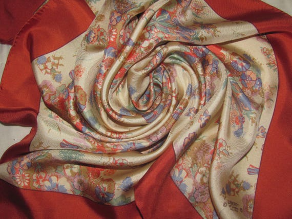 Vintage Liberty of London Square Silk Scarf - Brown Border with Floral Print, Flowers - Autumnal Colours - Made in Japan