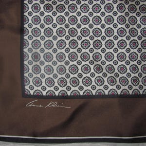 Vintage Anne Klein Large Square Silk Scarf - Classic Geometric Design with Wide Brown Border - Some Runs