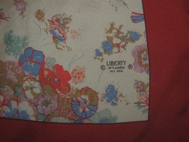 Vintage Liberty of London Square Silk Scarf - Brown Border with Floral Print, Flowers - Autumnal Colours - Made in Japan image 2