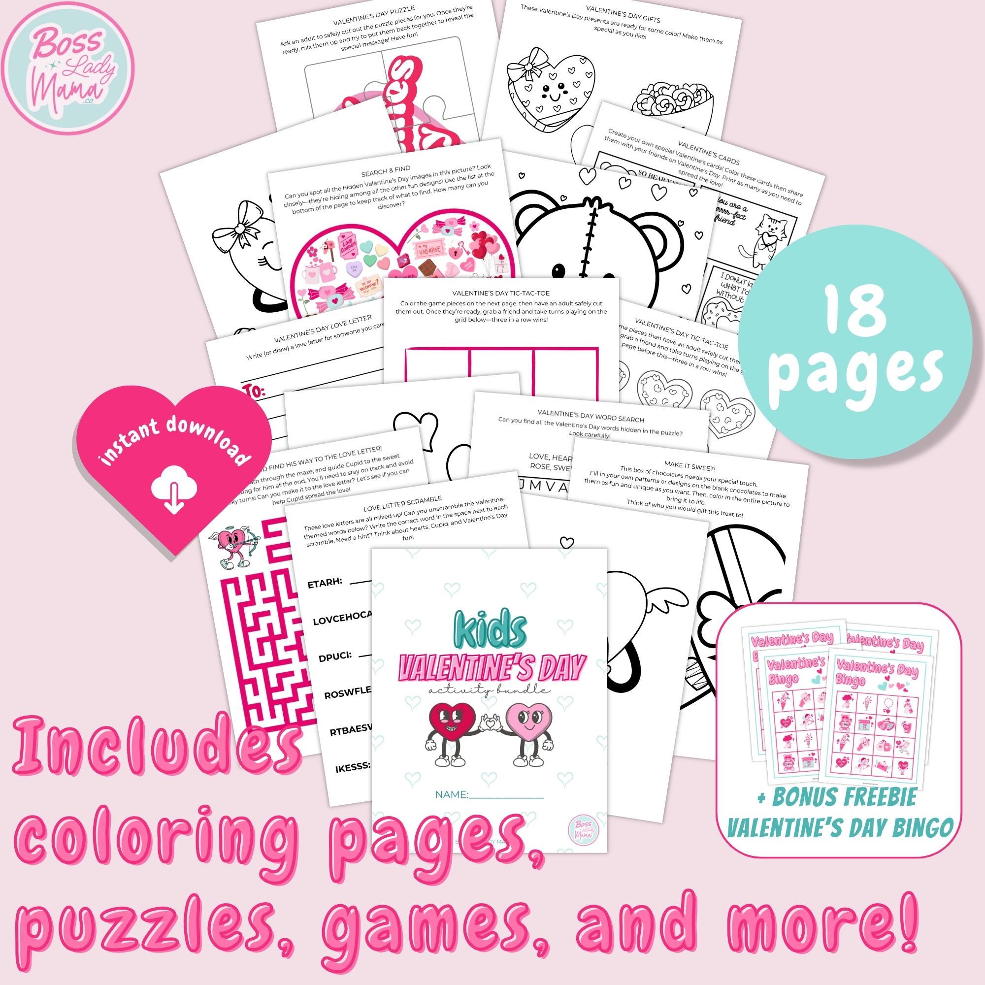 Kids Valentine's Day Printable Activity Bundle Coloring Pages, Puzzles ...