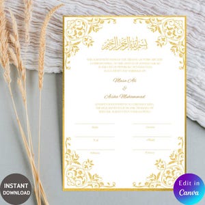 Gold Nikkah-Zertifikat, Islamischer Ehevertrag, bearbeitbare Canva-Vorlage, Größe A3, nikkahnama
