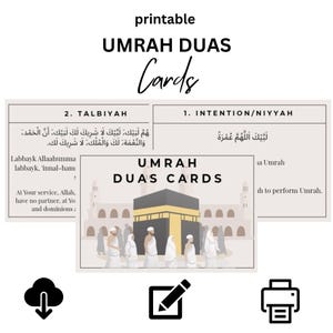 Cartões Umrah Dua, Flashcards Umrah imprimíveis, cartões de lembrete islâmico Dua, transliteração árabe e inglês