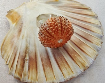Anillo de plata de erizo de mar natural, inspiración natural, anillo de plata de ley 925 hecho a mano, joyería de playa, regalo único para amantes del mar.
