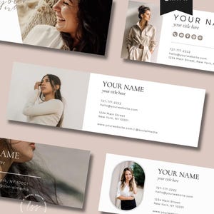 May include: A collection of business card designs featuring professional headshots and the text "YOUR NAME" and contact information. The cards are in a minimalist style with a neutral color palette and are labeled "MADE IN Canva."