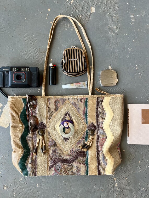 Vintage Patchwork Leather Tapestry Tote - image 1
