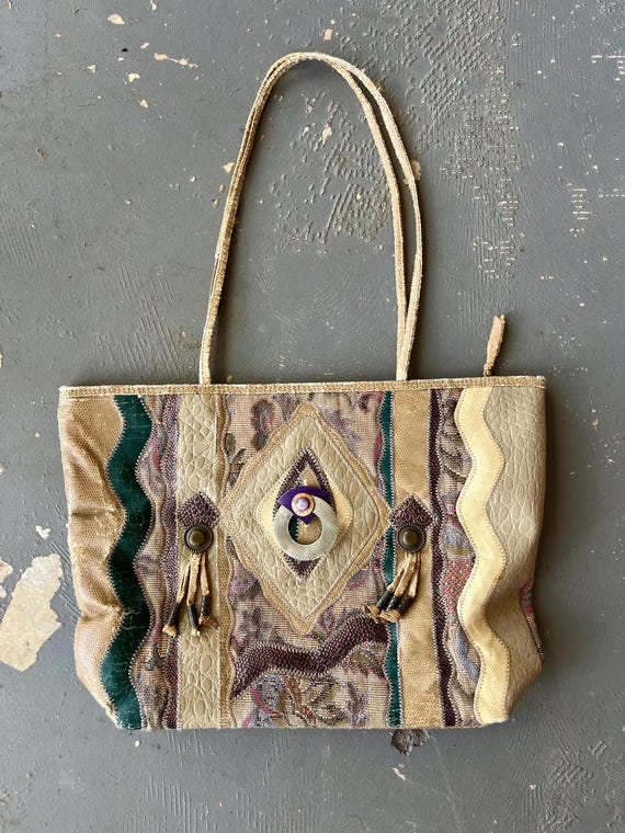 Vintage Patchwork Leather Tapestry Tote - image 2
