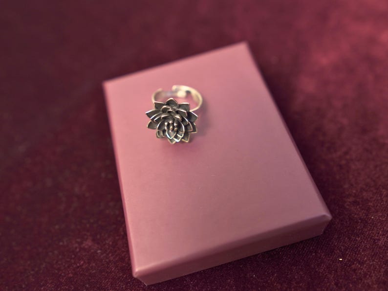 Puede incluir: Un anillo de plata con un dise&ntilde;o de flor. El anillo est&aacute; en una caja rosa.