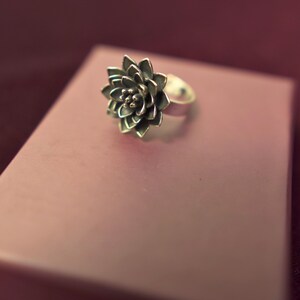 Puede incluir: Un anillo de plata con un dise&ntilde;o floral detallado. El anillo est&aacute; sobre una superficie rosa.