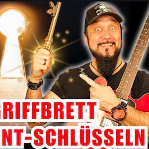 Puede incluir: Un hombre sostiene una llave dorada y una guitarra eléctrica roja, con una cerradura en el fondo. La imagen tiene el texto "GRIFFBRETT ENT-SCHLÜSSELN" en letras rojas en la parte inferior.