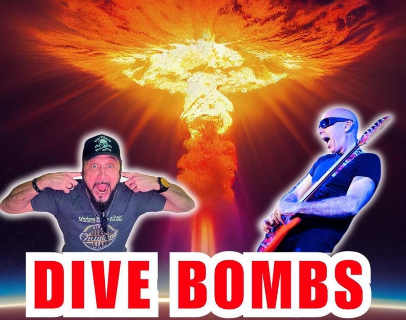 May include: A striking image shows two figures set against a backdrop of a nuclear explosion. One person covers their ears, the other plays a guitar. The words "DIVE BOMBS" are displayed in red at the bottom.