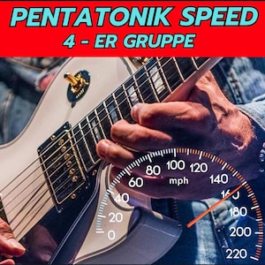 Könnte beinhalten: Eine weiße E-Gitarre mit schwarzem Schlagbrett und einem Tachometer, der 140 mph anzeigt. Der Text "PENTATONIK SPEED 4 - ER GRUPPE" ist über der Gitarre zu sehen.